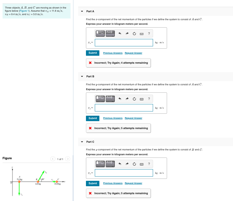 Solved Three Objects A, B, And C Are Moving As Shown In The | Chegg.com