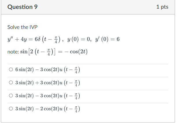 Solved Solve The Ivp Y′′ 4y 6δ T−4π Y 0 0 Y′ 0 6 Note