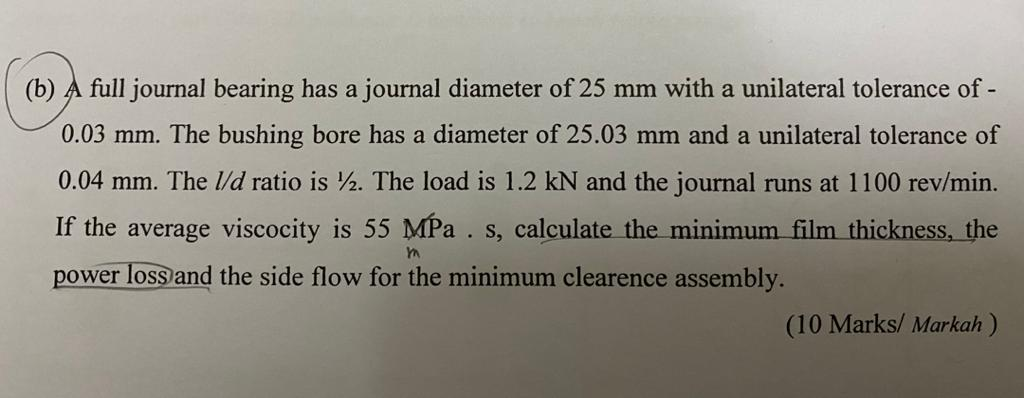 Solved (b) A full journal bearing has a journal diameter of | Chegg.com