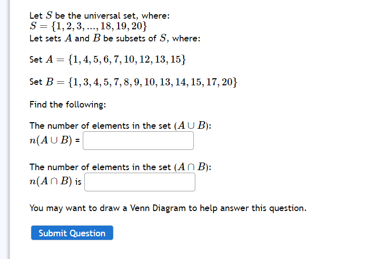 Solved S={1,2,3,…,18,19,20} Let Sets A And B Be Subsets Of | Chegg.com