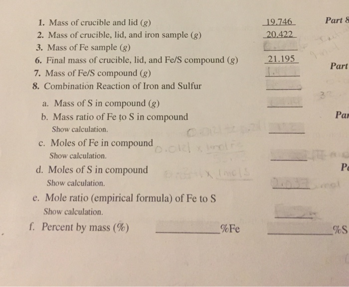 Solved Part 8 1. Mass of crucible and lid (g) 2. Mass of