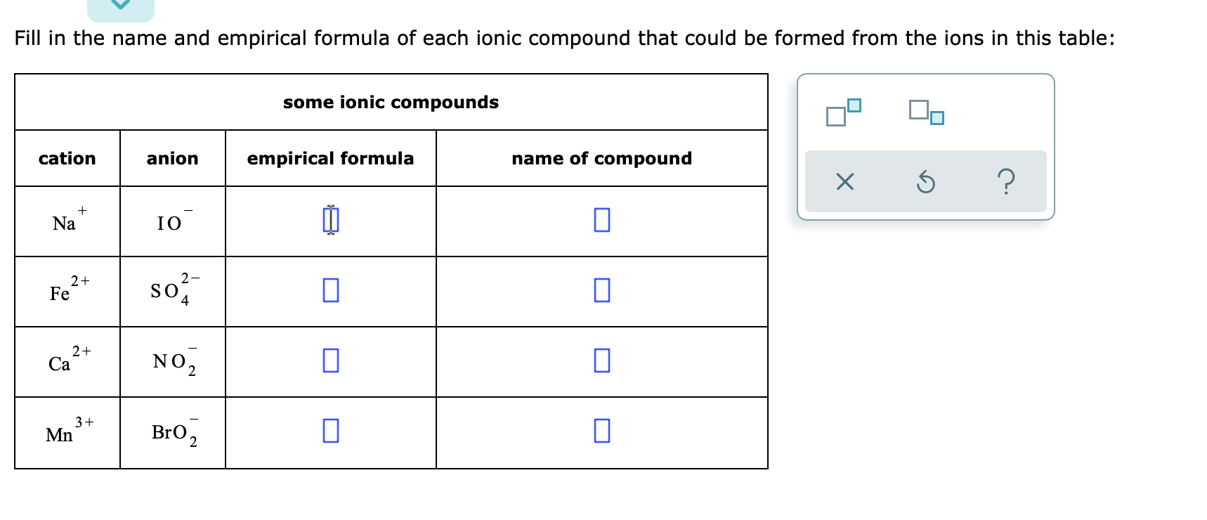 Solved Fill In The Name And Empirical Formula Of Each Ion Chegg Com