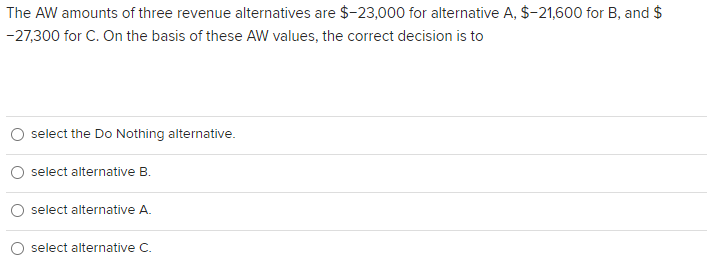 Solved The AW Amounts Of Three Revenue Alternatives Are | Chegg.com