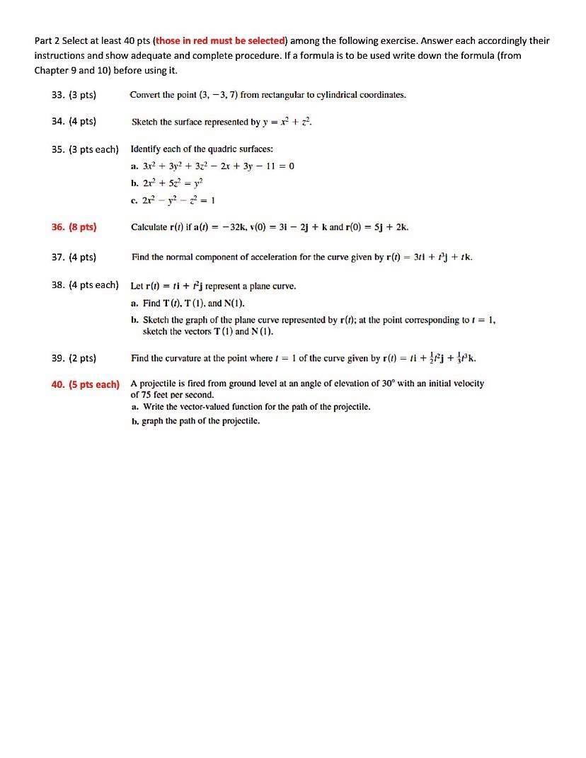 Solved Part 2 Select at least 40 pts (those in red must be | Chegg.com