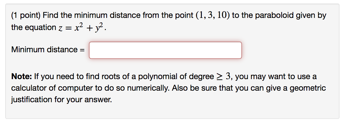 Solved (1 point) Find the minimum distance from the point | Chegg.com