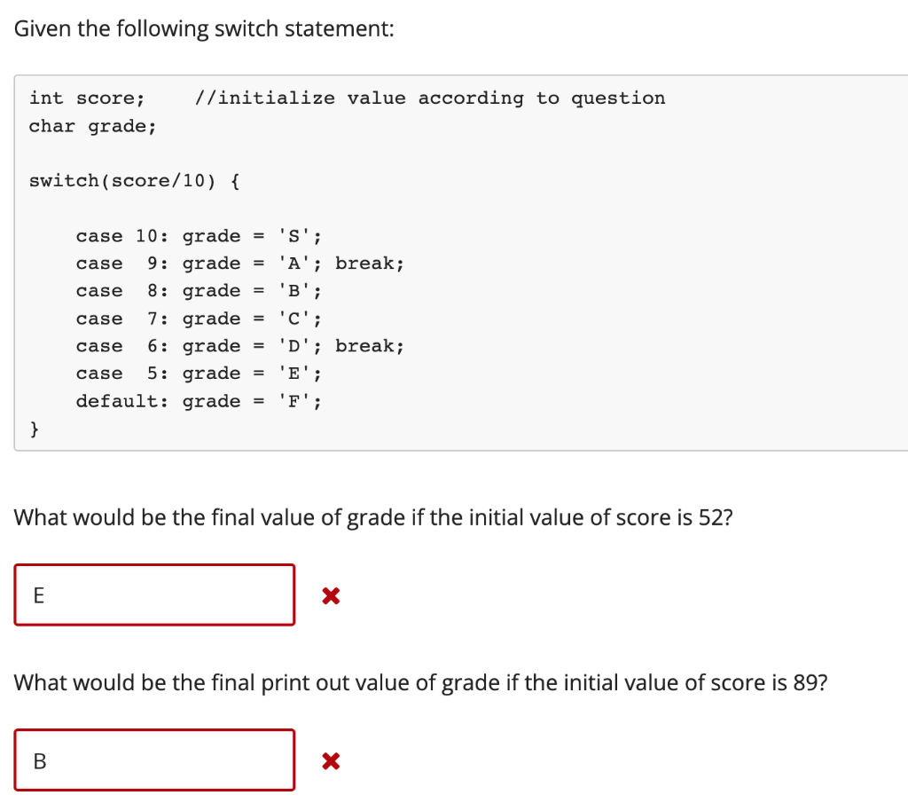 Solved Given The Following Switch Statement: What Would Be | Chegg.com