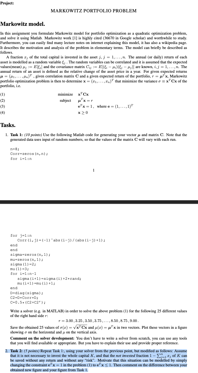 Project: MARKOWITZ PORTFOLIO PROBLEM Markowitz Model. | Chegg.com