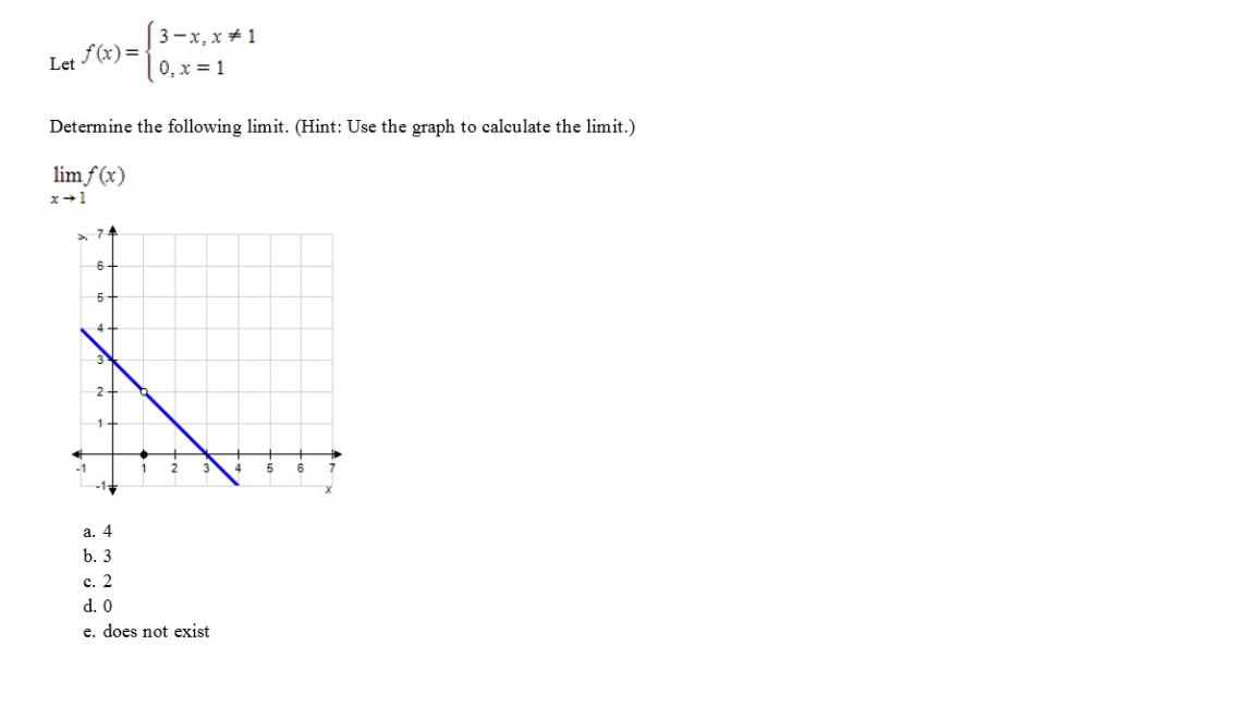 Let \( f(x)=\left\{\begin{array}{l}3-x, x \neq 1 \\ 0, x=1\end{array}\right. \)
Determine the following limit. (Hint: Use the