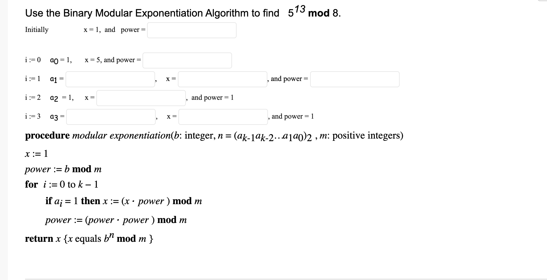 Solved Use The Binary Modular Exponentiation Algorithm To | Chegg.com