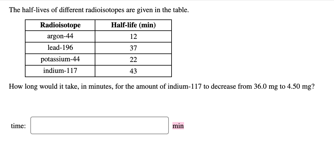 Solved The halflives of different radioisotopes are given