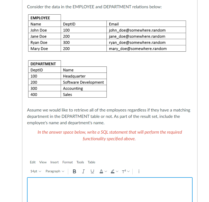 Solved Consider the data in the EMPLOYEE and DEPARTMENT | Chegg.com