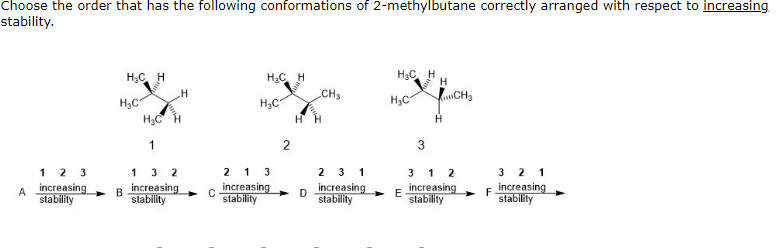 Choose the order that has the following conformations of 2-methylbutane correctly arranged with respect to increasing. stabil