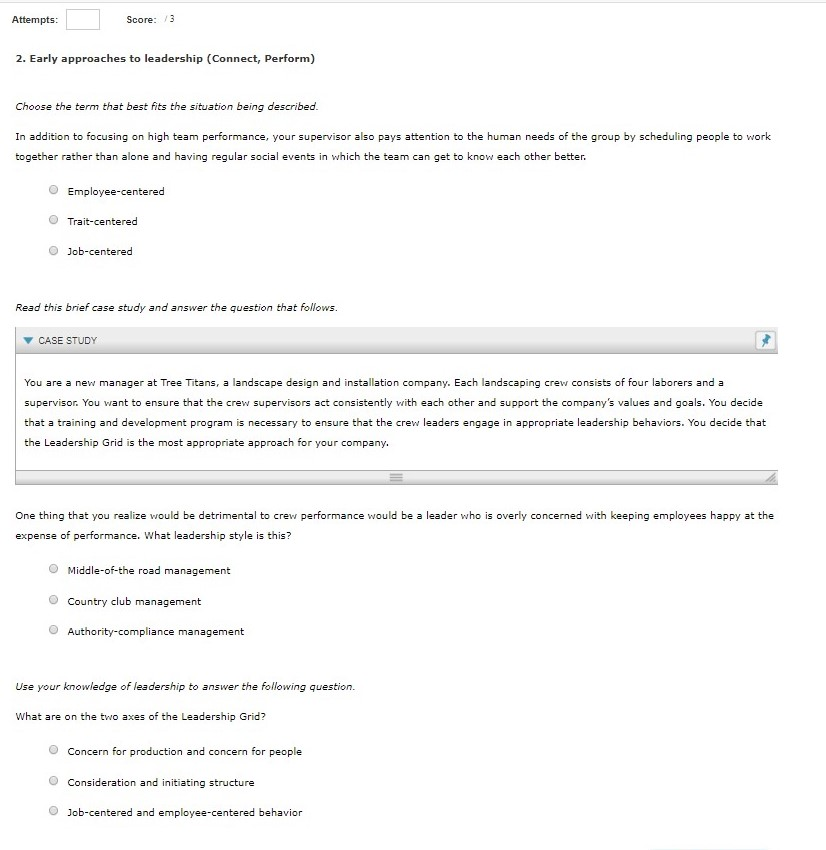 Solved Score: 13 2. Early approaches to leadership (Connect, | Chegg.com