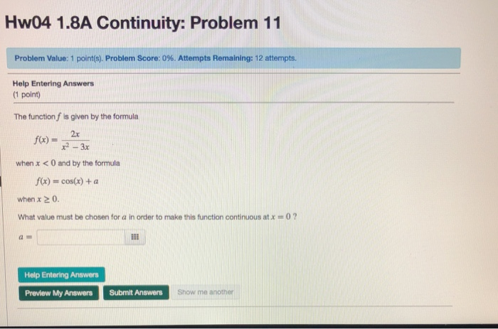 Solved Hw04 1.8A Continuity: Problem 11 Problem Value: 1 | Chegg.com