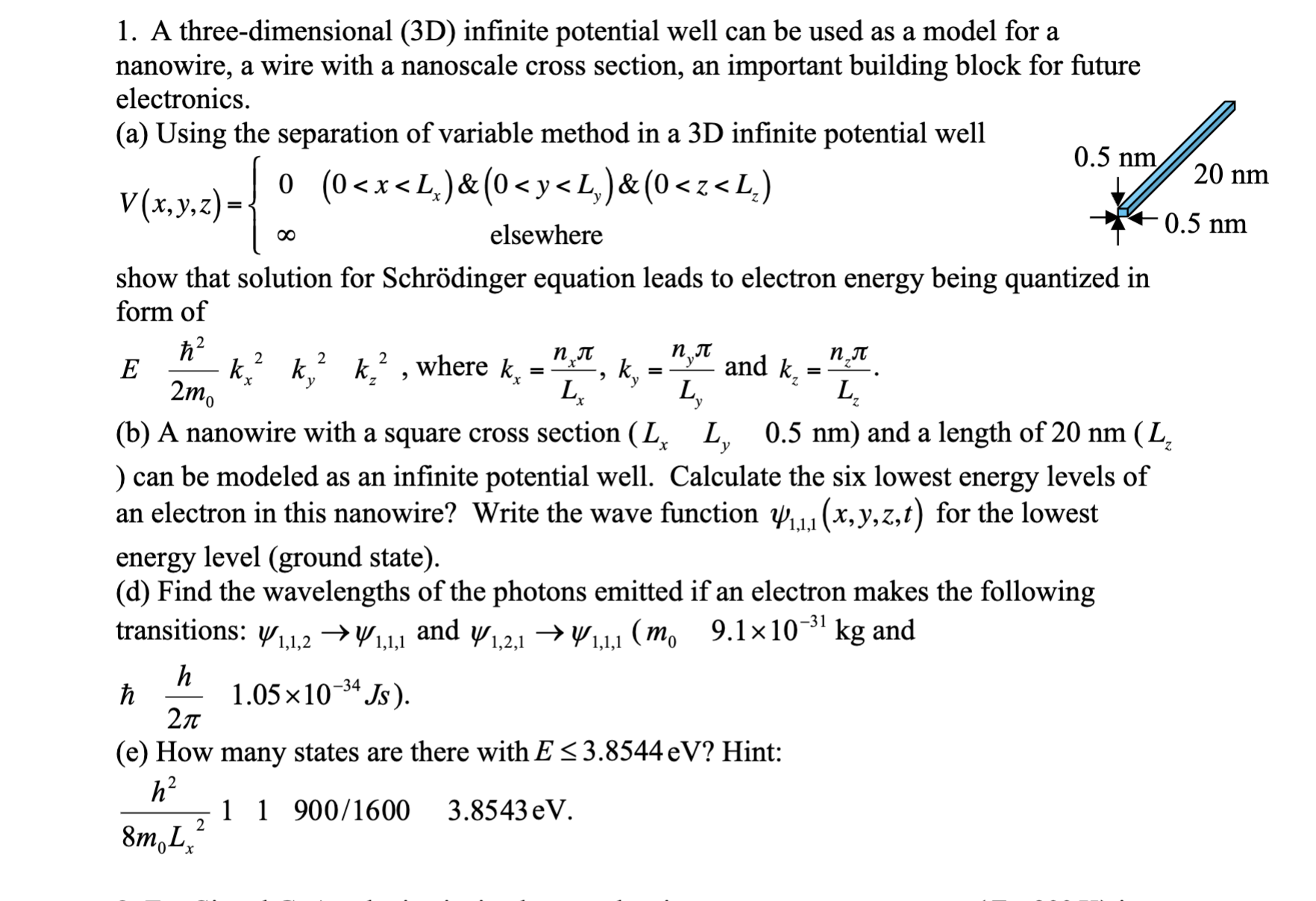 Solved 1. A three-dimensional (3D) infinite potential well | Chegg.com