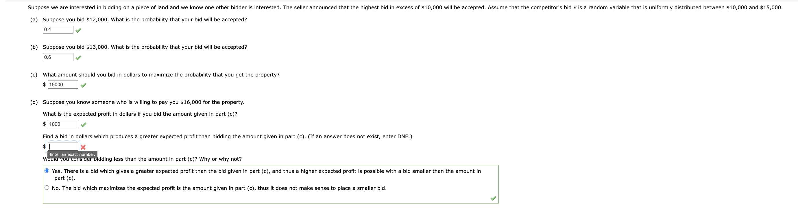 Solved (a) Suppose you bid $12,000. What is the probability | Chegg.com ...