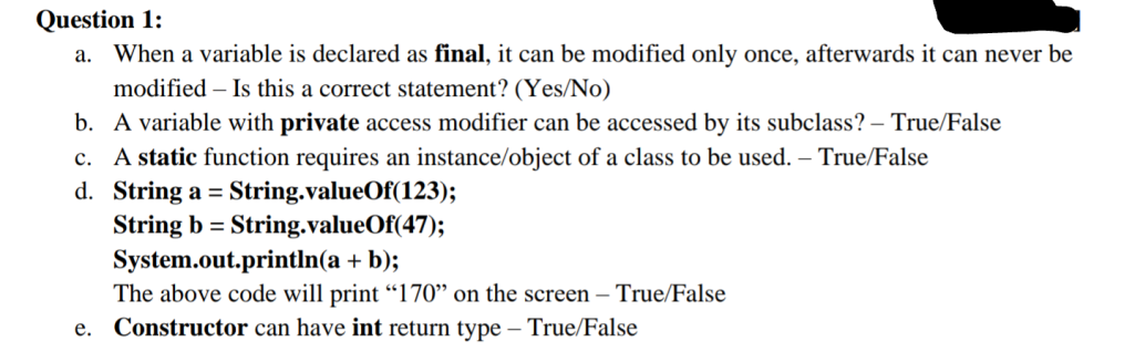 Solved a. Question 1: When a variable is declared as final, | Chegg.com