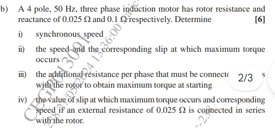 Solved b) ﻿A 4 ﻿pole, 50 ﻿Hz , ﻿three phase induction motor | Chegg.com