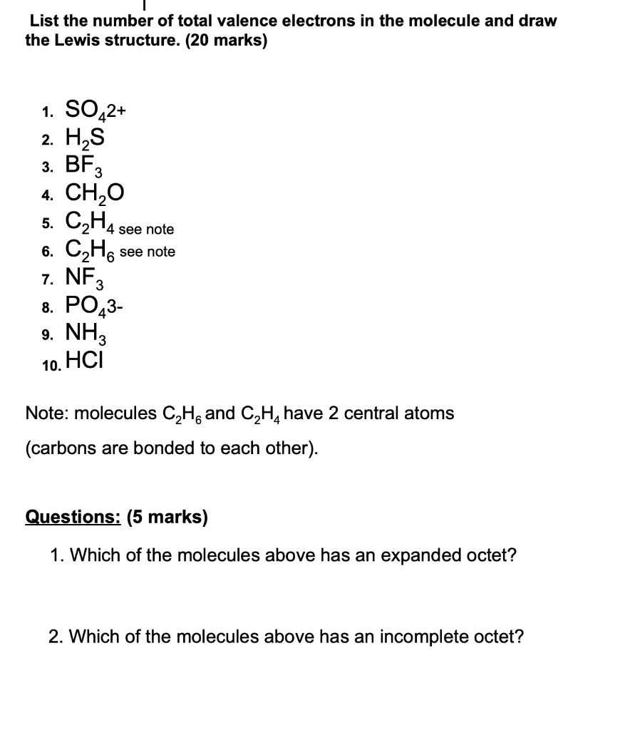 Solved List the number of total valence electrons in the Chegg