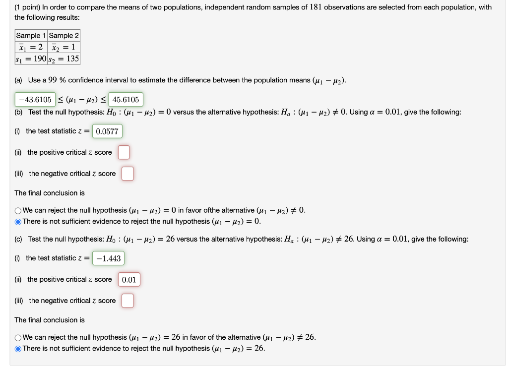 Solved (1 point) In order to compare the means of two | Chegg.com