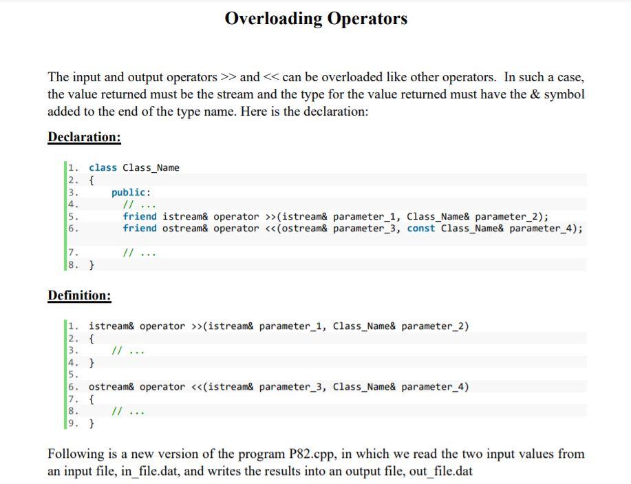 Solved Overloading Operators The input and output operators