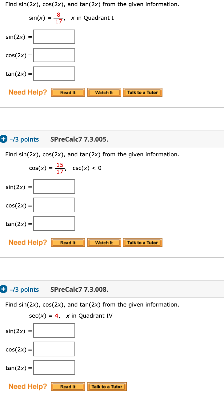 Solved Find Sin 2x Cos 2x And Tan 2x From The Given Chegg Com