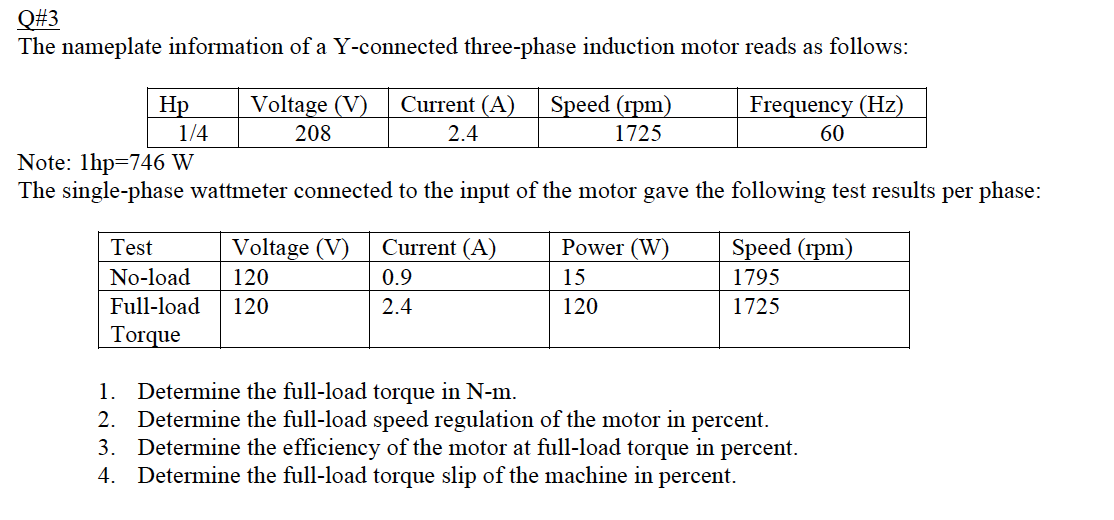 Solved Q#3 The nameplate information of a Y-connected | Chegg.com