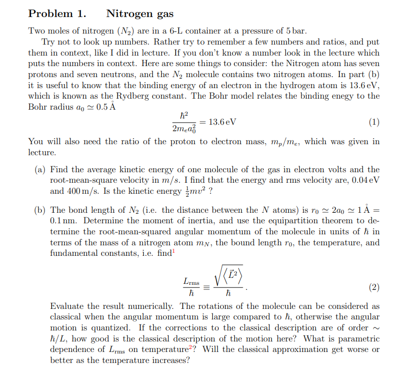 Solved Problem 1. Nitrogen gas Two moles of nitrogen (N2) | Chegg.com