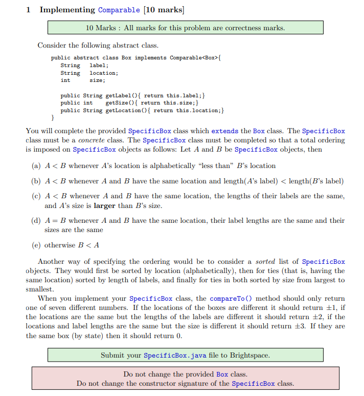 Solved 1 Implementing Comparable (10 marks) 10 Marks : All | Chegg.com