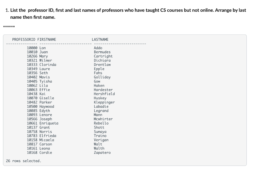 Solved 1. List the professor ID, first and last names of | Chegg.com