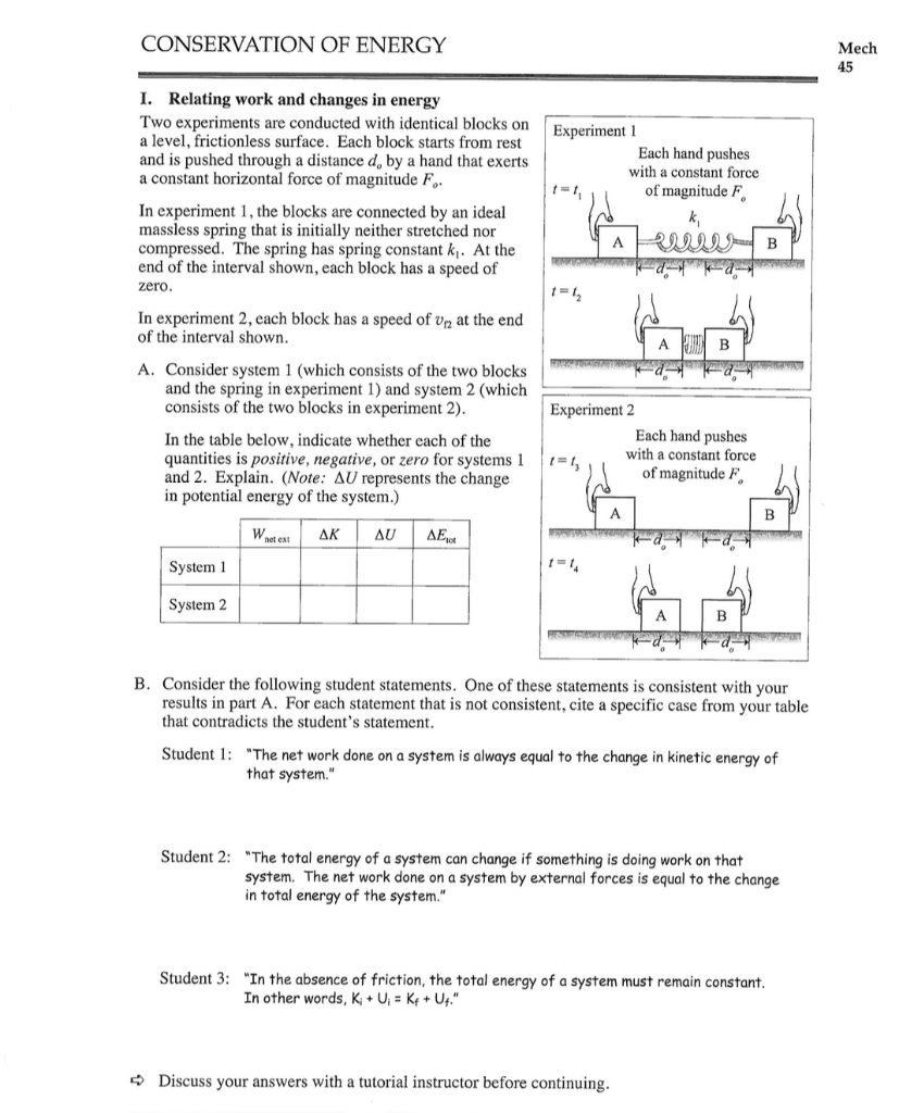 Solved CONSERVATION OF ENERGY Mech 45 Experiment 1 Each hand