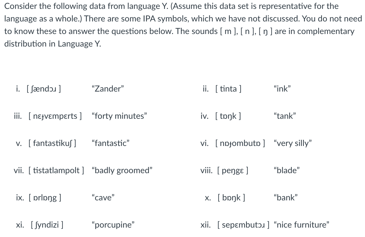 Consider the following data from language Y. (Assume | Chegg.com