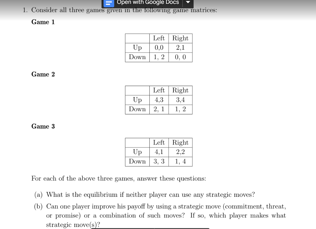 Solved 1. Consider all three games given in the following | Chegg.com
