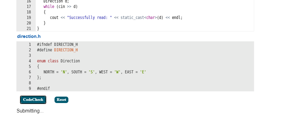 Solved 16 Direction di 17 while (cin >> d) 18 { 19 cout