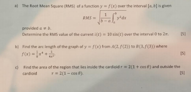 Solved a) The Root Mean Square (RMS) of a function y = f(x) | Chegg.com