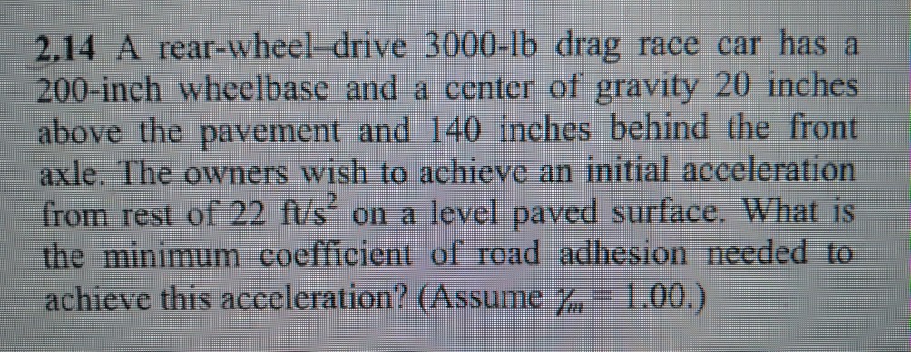 Solved 2.14 A rear-wheel-drive 3000-lb drag race car hasa | Chegg.com