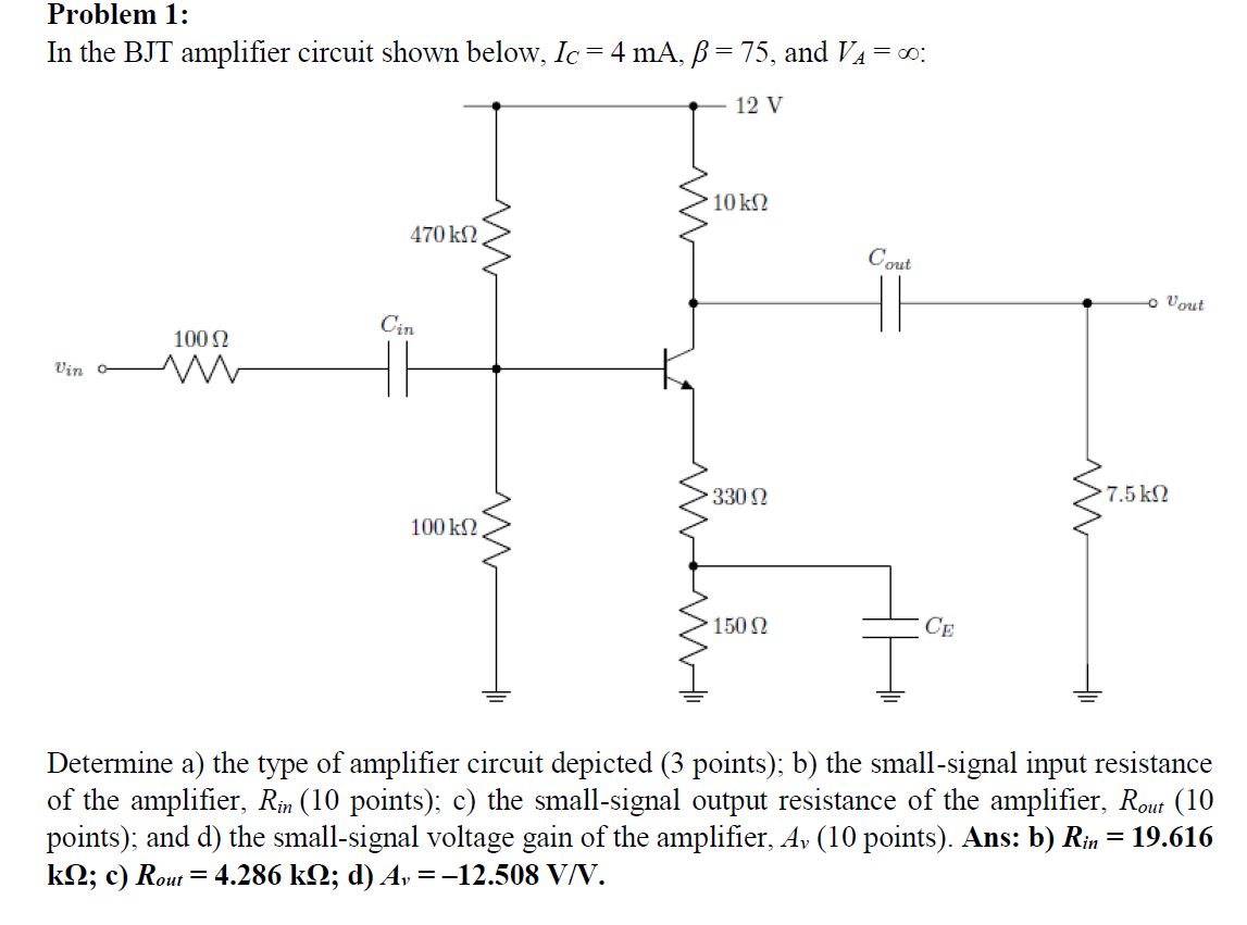 Solved Problem 1: In the BJT amplifier circuit shown below, | Chegg.com