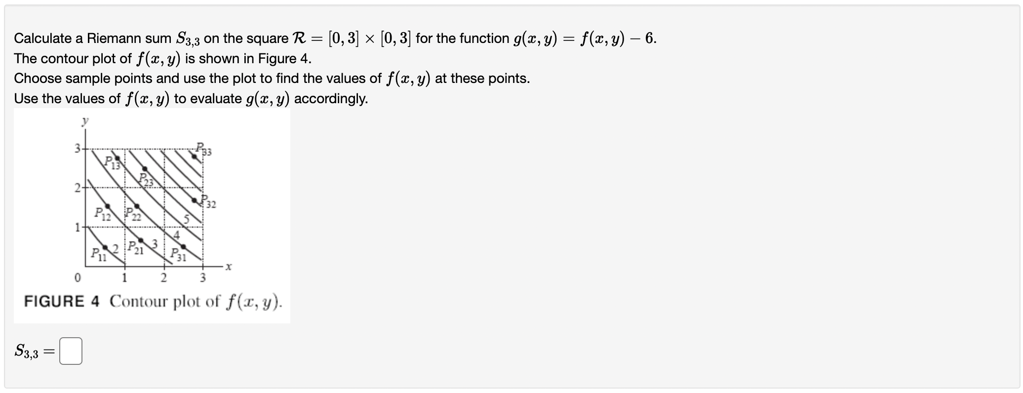 Calculate a Riemann sum \( S_{3,3} \) on the square \( \mathcal{R}=[0,3] \times[0,3] \) for the function \( g(x, y)=f(x, y)-6