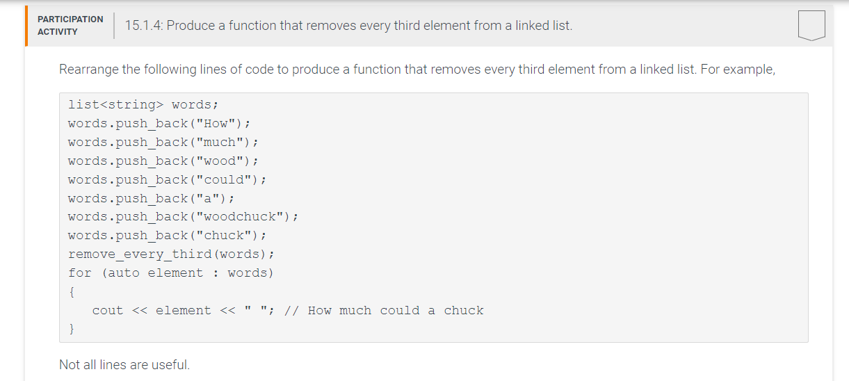 Solved Rearrange the following lines of code to produce a | Chegg.com