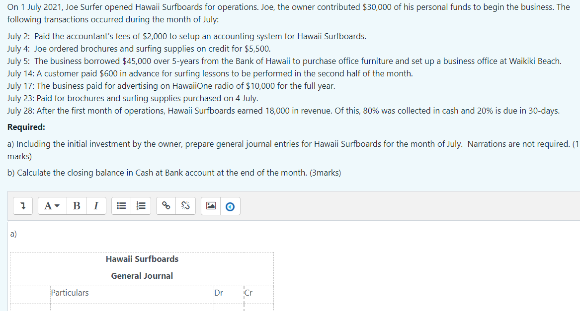 Solved On 1 July 2021, Joe Surfer opened Hawaii Surfboards