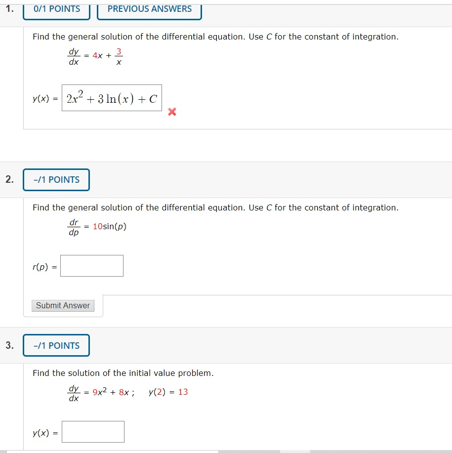 Solved 0/1 POINTS PREVIOUS ANSWERS Find the general solution | Chegg.com