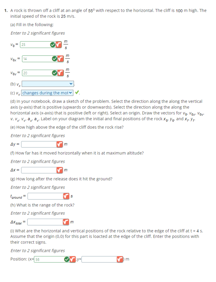 Solved 1. A rock is thrown off a cliff at an angle of 55∘ | Chegg.com