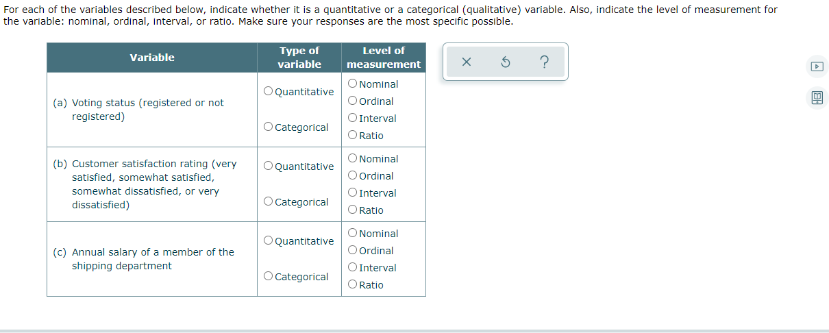 Solved For each of the variables described below, indicate | Chegg.com