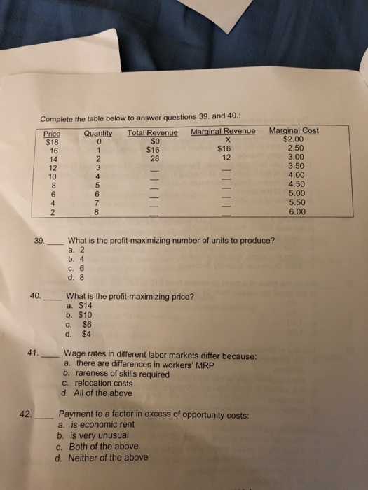 Solved Complete the table below to answer questions 39. and | Chegg.com