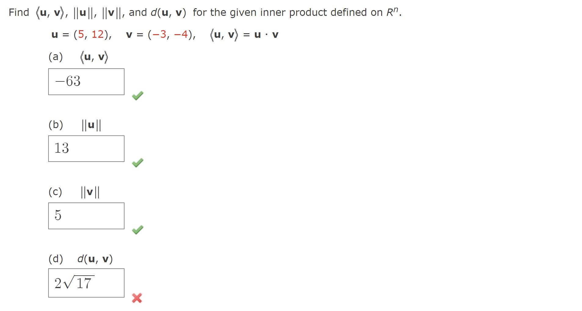Solved Find (u, v), U, V, and d(u, v) for the given inner | Chegg.com