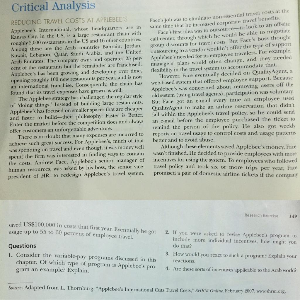 Solved Critical Analysis REDUCING TRAVEL COSTS AT APPLEBEE'S | Chegg.com