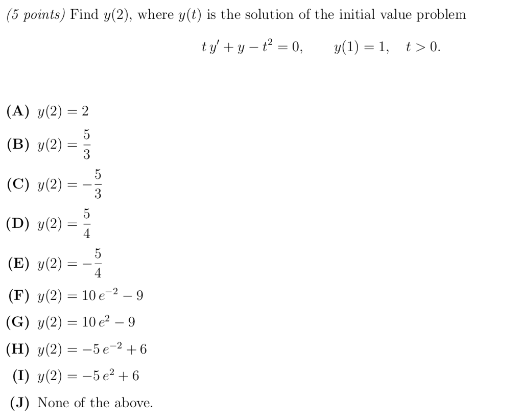 Find Y Math Problem Solved (5 points) Find y(2), where y(t) is the solution of | Chegg.com