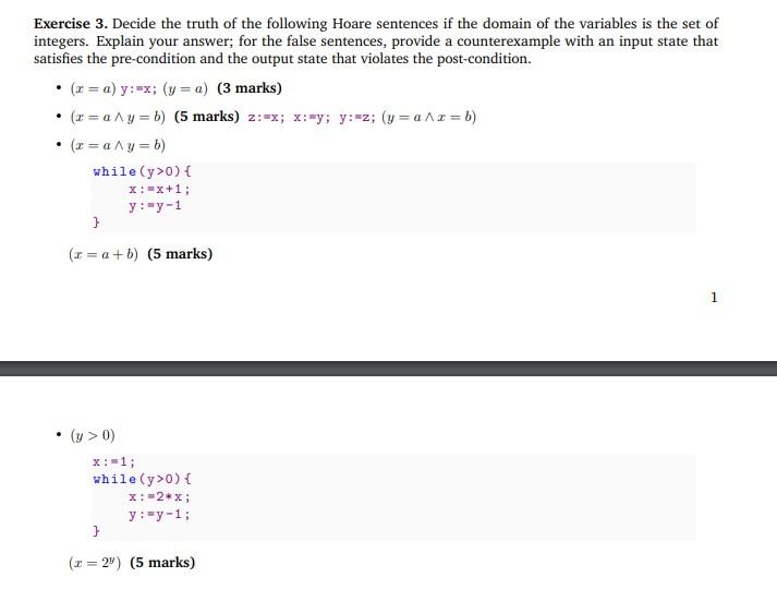 Exercise 3. Decide the truth of the following Hoare | Chegg.com