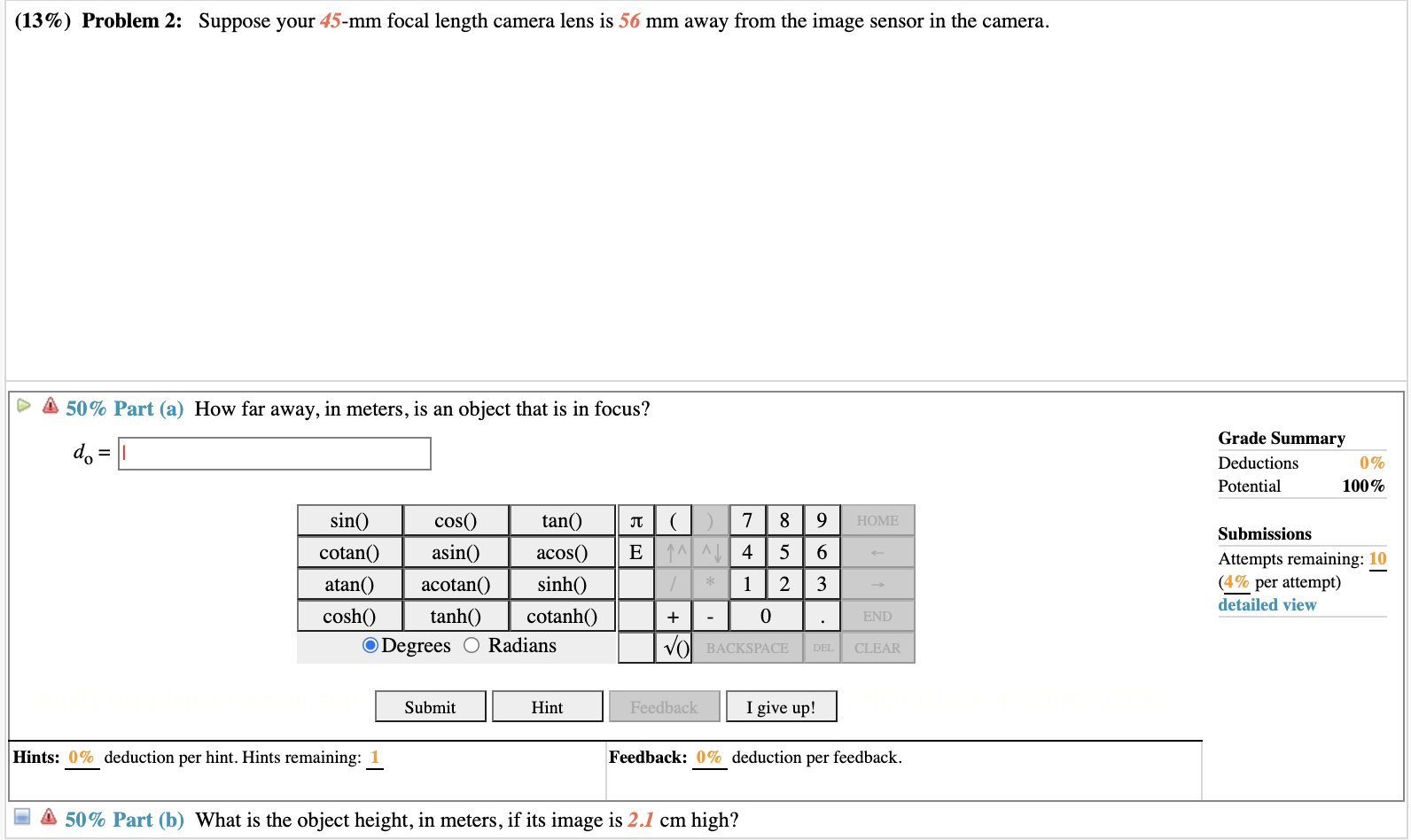 Solved (13%) Problem 2: Suppose your 45-mm focal length | Chegg.com
