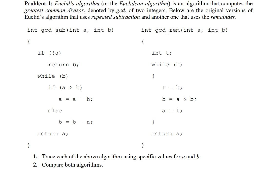 Solved Problem 1: Euclid's Algorithm (or The Euclidean | Chegg.com